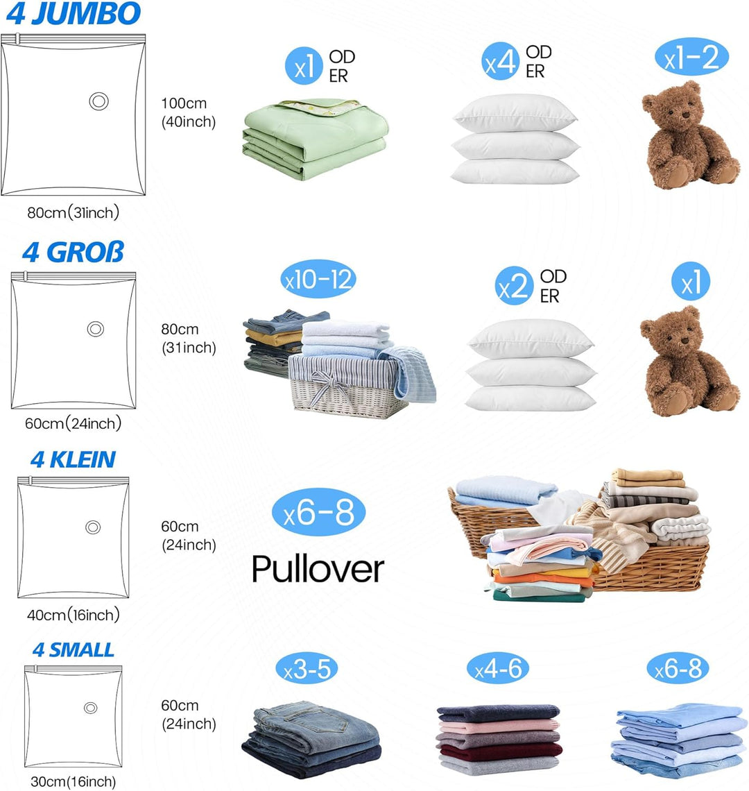 Vakuumbeutel für Kleidung Bettdecken, 16 Stück Vakuumierbeutel (4 * 100x80cm+4 * 80x60cm+4 * 60x40cm