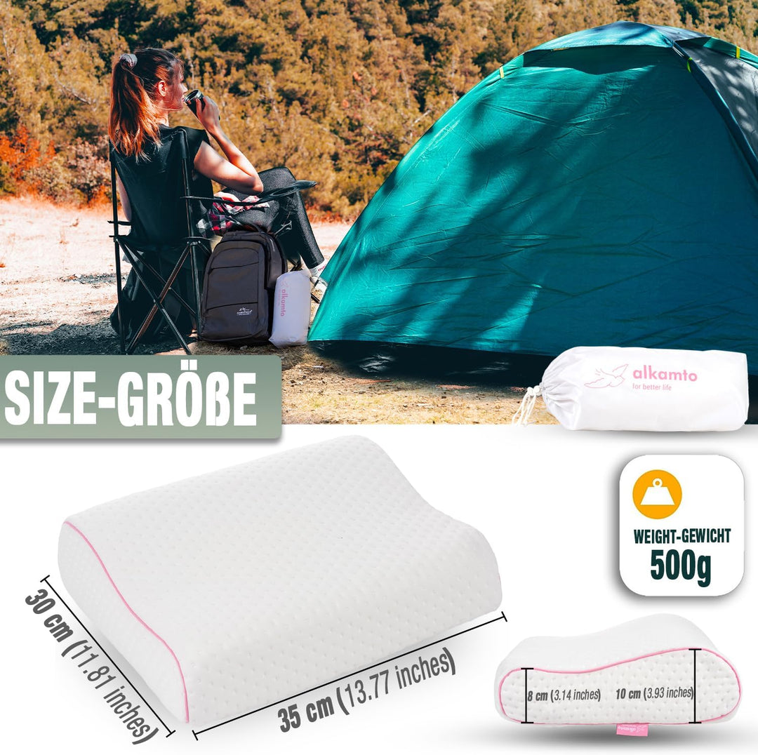 alkamto Reisekissen – Campingkissen – Ergonomisches Memory-Schaum-Kissen mit Temperaturregulierendem