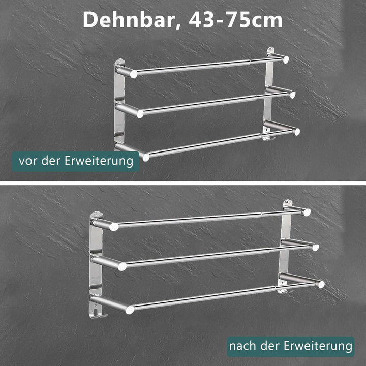 ANBOO Handtuchhalter Ohne Bohren Ausziehbar 43-78CM, Edelstahl Handtuchhalter mit 2 Haken für Badezi