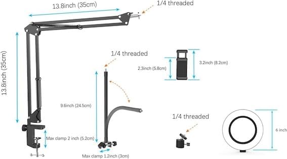 Flexibles Überkopf-Stativ mit 6-Zoll LED Ringlicht, 360° Schwenkarm Tischhalterung für Smartphone un