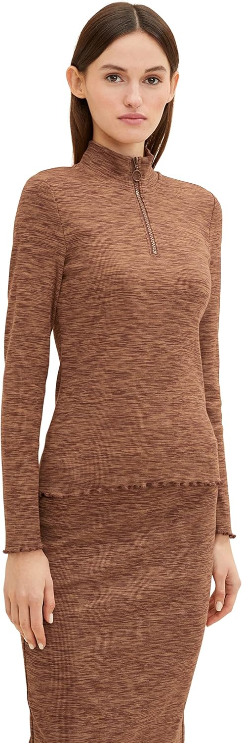 TOM TAILOR Denim Damen Langarmshirt mit Reissverschluss M 30850 - Space Dye Melange, M 30850 - Space