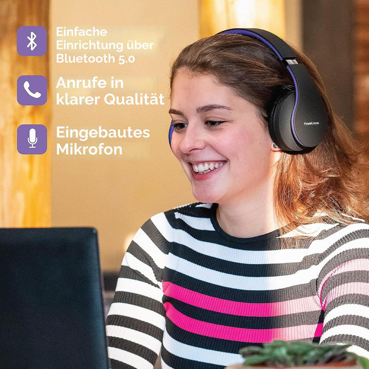 PowerLocus Bluetooth Kopfhörer Over Ear, Kabellose Kopfhörer, HiFi Stereo, Faltbare Kopfhörer mit Mi