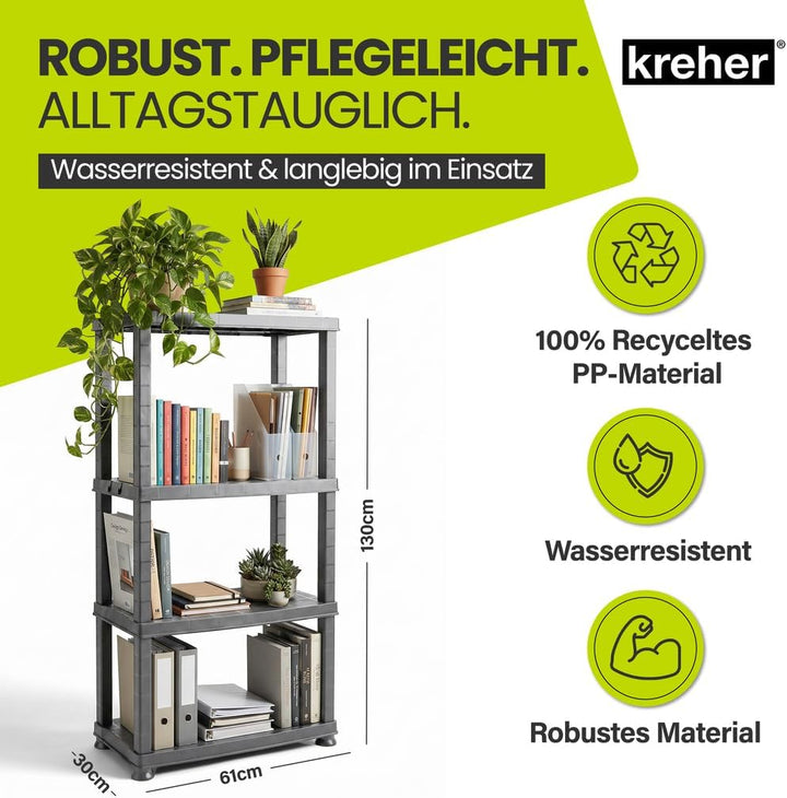 Kreher® Kunststoffregal „Neo“ mit 4 Böden - Steckregal für Haushalt, Keller &amp; Garage - Standregal, L