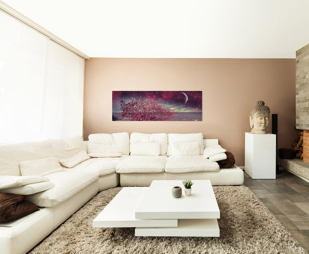 Paul Sinus Art Panoramabild auf Leinwand und Keilrahmen 150x50cm Meer Küste Busch Nacht Sterne Mond