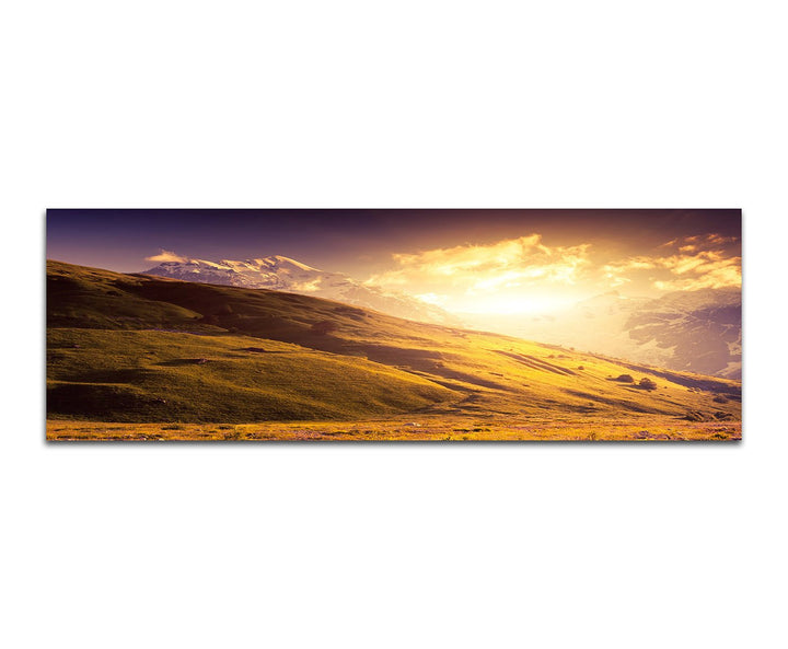 Paul Sinus Art Panoramabild auf Leinwand und Keilrahmen 150x50cm Georgien Landschaft Berge Wiesen So