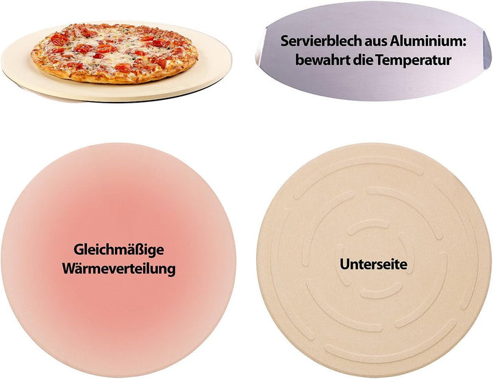 Pizzabackstein: Runder Pizzastein mit Aluminium-Servierblech, Ø 33 cm (Steinbackofen-Pizza-Platten,