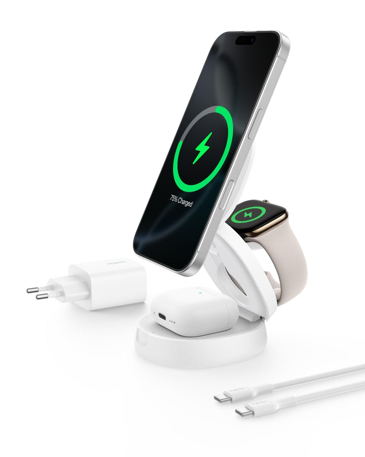 Belkin BoostCharge 3-in-1 Induktive Ladestation mit Qi2, 15W, MagSafe-kompatibles Ladegerät, Kabello
