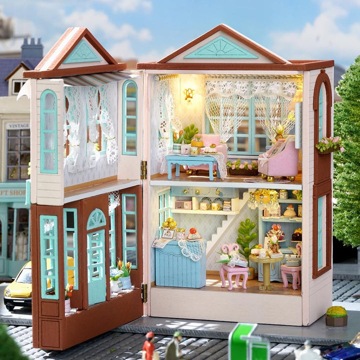 CUTEROOM Miniatur Haus, DIY Puppenhaus Set aus Holz, Mini Hausbau-Set mit Möbeln und LED Licht, Gebu