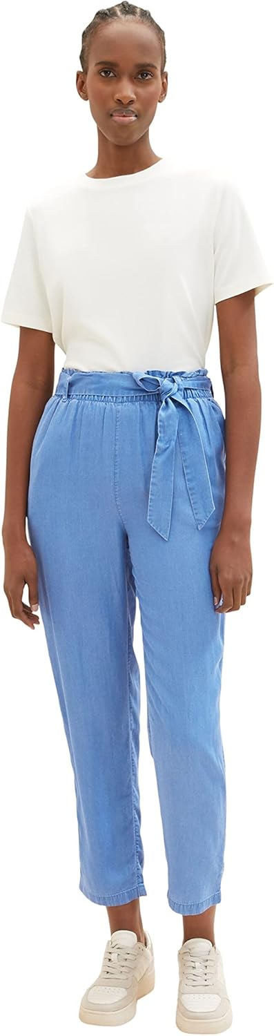 TOM TAILOR Denim Damen Tapered Relaxed Fit Paperbag Hose mit Bindegürtel S 12328 - Bright Mid Blue C