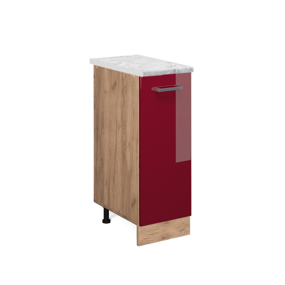 Vicco Unterschrank für die Küche: R-Line, Bordeaux Hochglanz/Goldkraft Eiche, 30 cm AP Marmor Bordea