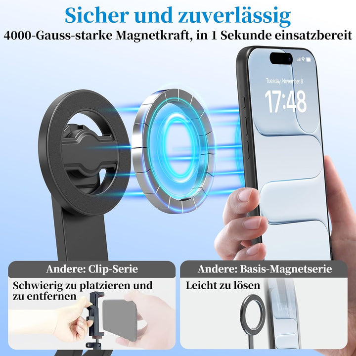 PlusAcc 176cm Magnetisches Selfie-Stativ für MagSafe - Stabile Tripod Stick Halterung & 360° drehbar