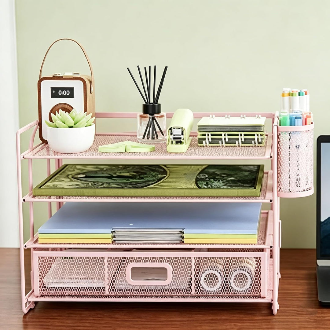 Marbrasse Schreibtisch Organizer Tablett,4 Ebenen Papier Briefablage Organizer mit Schublade und 2 S