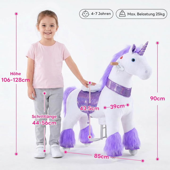 PonyCycle Einhorn mit Rollen für Kinder 4–7 Jahre, 90cm Hoch, Lila Plüsch Reitpferd auf Rollen mit H