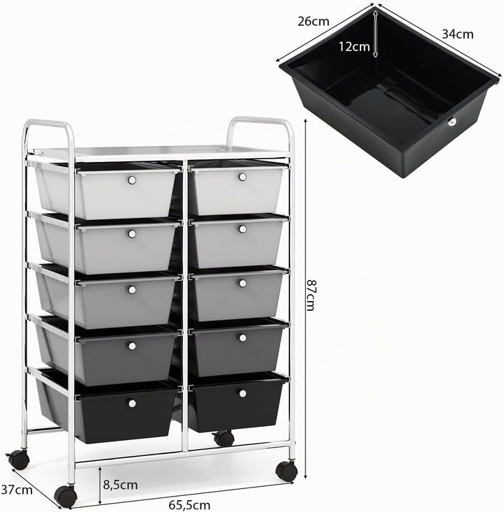 GOPLUS Rollwagen mit 10 Schubladen stapelbar, Rollcontainer mit Ablage &amp; Metallgestell, Badregal, Au