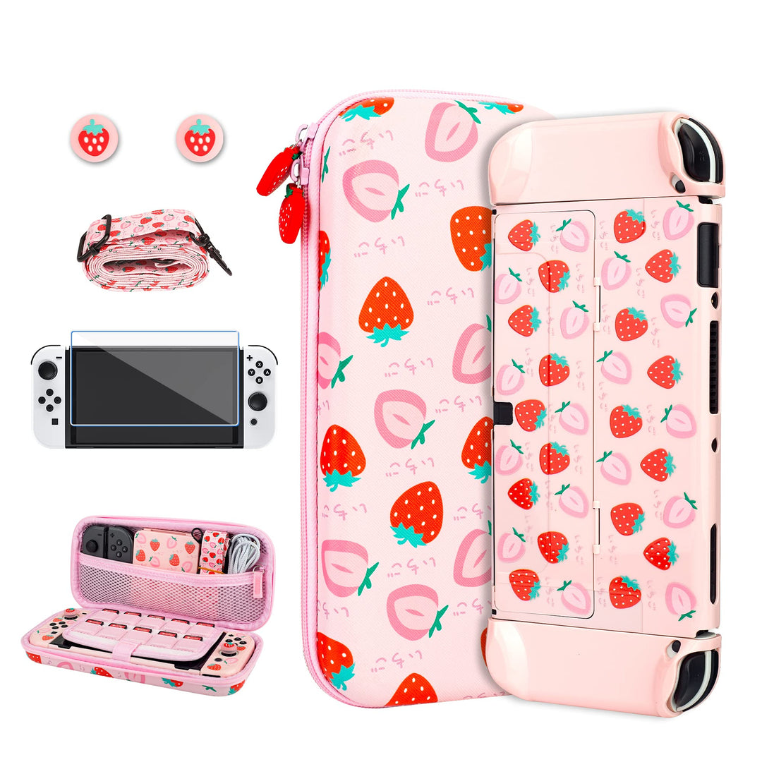 RHOTALL Strawberry Carrying Case Set for Nintendo Switch OLED, Portable Travel Case for Switch Acces