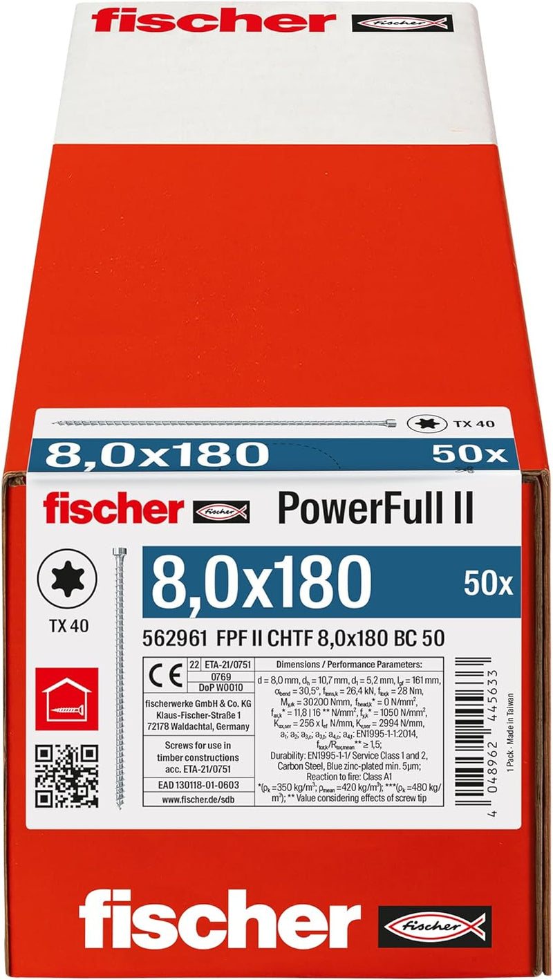 fischer PowerFull II 8,0 x 180, Premium Vollgewindeschraube (50 Stk.) mit innovativer Spitzengeometr