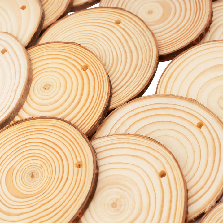 50 Stück Holzscheiben mit Loch, 5-6CM Holz Log Scheiben mit 10m Jute Schnur, Baumscheiben Rund zum B