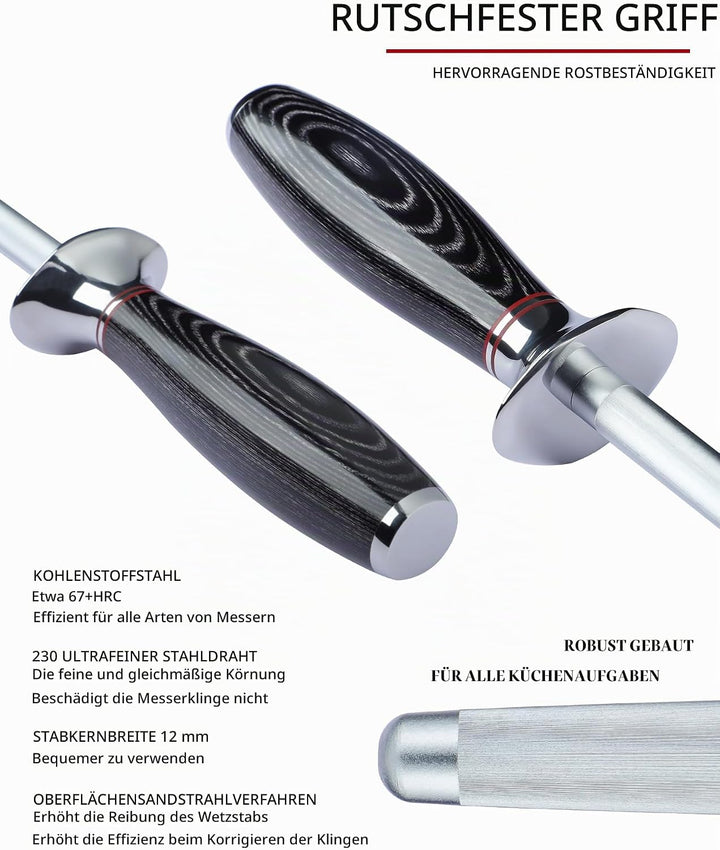 Wetzstahl für Küchenmesser 23 CM, Professioneller Messerschärfer für Küchen, Wetzstahl mit Pakkaholz