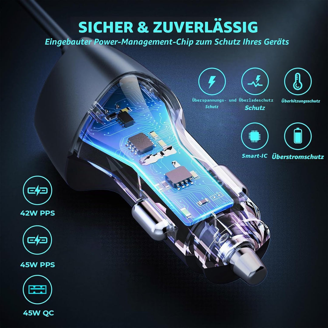 SUNDAREE Auto Ladegerät USB C Kabel,90W 12V 24V Kfz Handyladegeräte PD Typ C Schnellladen 1.8M Spira