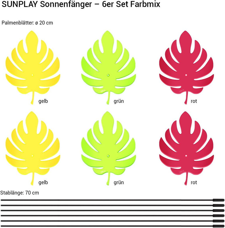 SUNPLAY Sonnenfänger - Palmen-Blatt - 6er Set - 2X Gelb 2X Grün 2X Rot - Ø 20 cm Durchmesser + Schwi