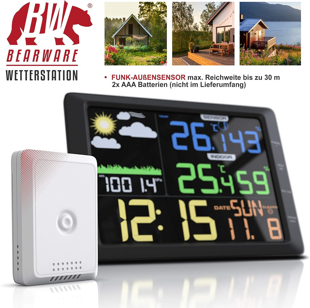 CSL - Wetterstation mit Farbdisplay und Aussensensor, 20 cm LCD Farbdisplay - Luftdruck Barometer Te