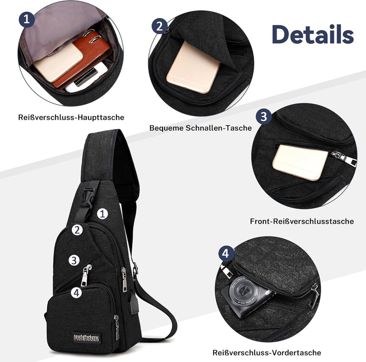 VARLIVOO Herren Sling Bag mit USB Port Crossbody Bag Diebstahlsicherung Schultertaschen Reise Wander
