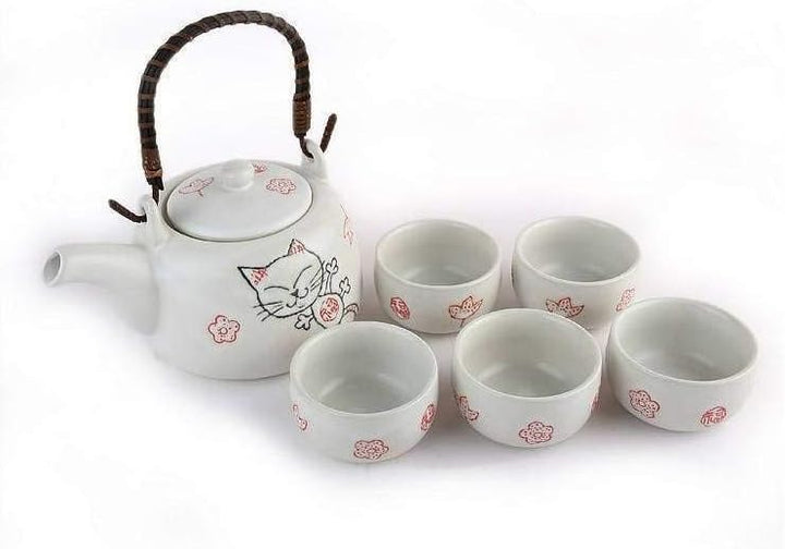 lachineuse – Japanisches Maneki Neko-Teeservice – mit Teekanne und 5 Porzellantassen – Teekanne mit