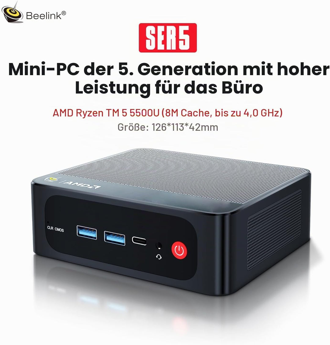 Beelink SER5 MAX Mini PC, AMD Ryzen 7 5800H, 8 Kerne, 16 Threads bis zu 4,4 GHz, 16 GB RAM, 500 GB S