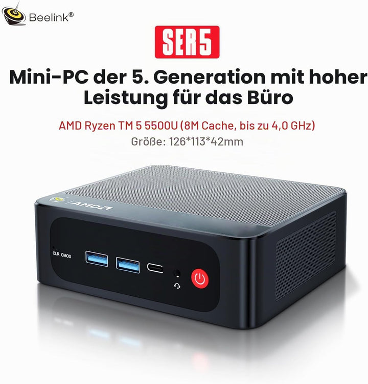 Beelink SER5 MAX Mini PC, AMD Ryzen 7 5800H, 8 Kerne, 16 Threads bis zu 4,4 GHz, 16 GB RAM, 500 GB S