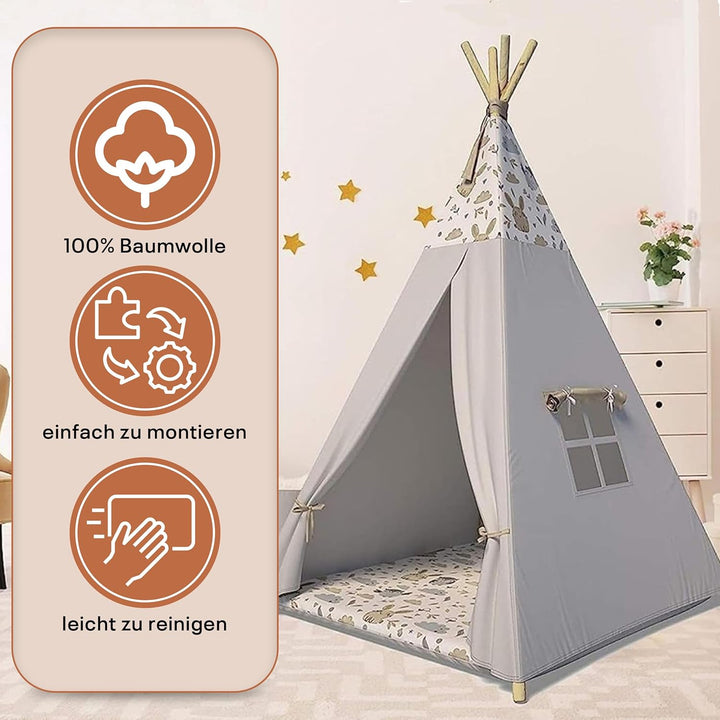 Best For Kids Spielzelt Tipi Zelt Indianer Wigwam für Kinder mit Zubehör (Grau Tierchen), Grau Tierc