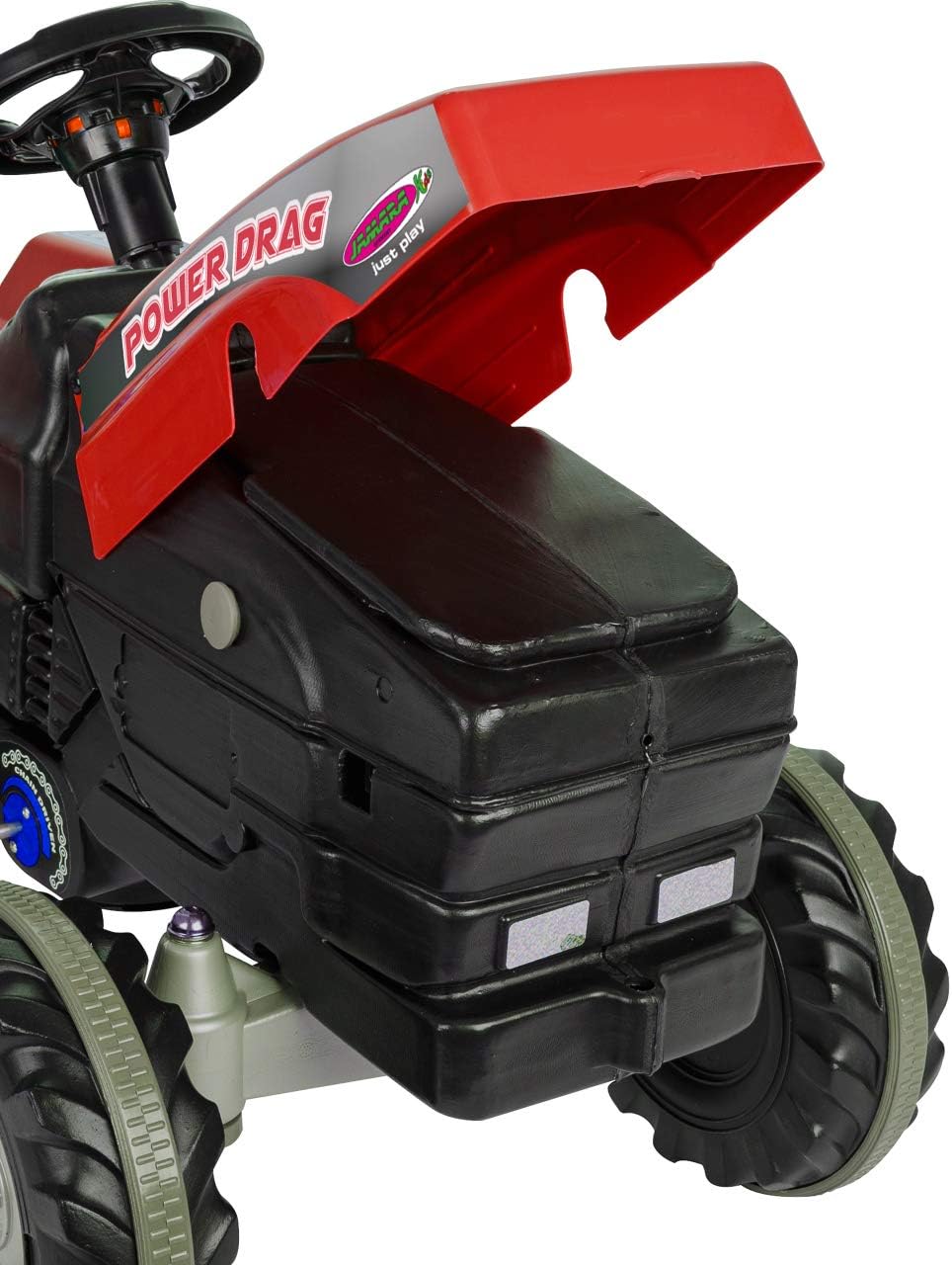 Trettraktor Power Drag - Kippschutz, Hupe, Verstellbarer Sitz Motorhaube aufklappbar, Anhängerkupplu