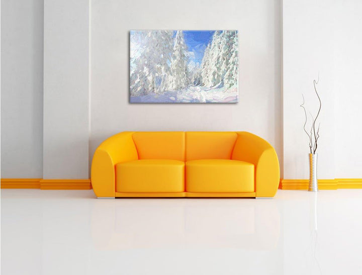 Pixxprint Winterlandschaft mit Bäumen Pinsel Effekt, Format: 100x70 auf Leinwand, riesige Bilder fer