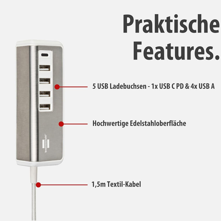 brennenstuhl®Estilo USB Ladegerät mit Schnellladefunktion/Mehrfach USB Ladestation mit Edelstahlober