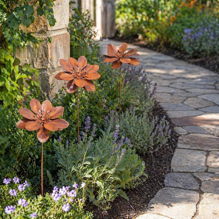 3er Set Gartenstecker Rost Deko Gartendeko für Draussen Wetterfest Sonnenhut Metall Rost Gartendeko