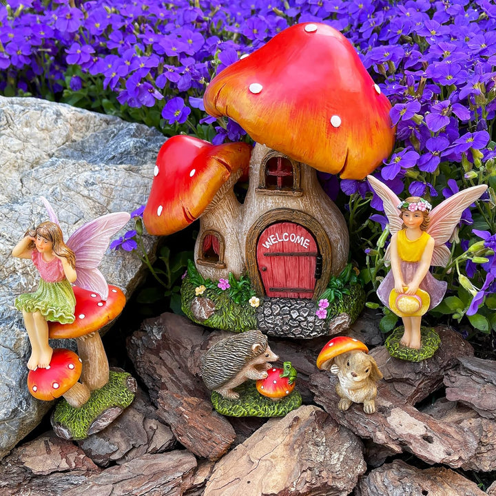 Miniatur-Set für Feengarten, Pilzhaus, 6 Stück, Figuren und Zubehör für den Aussenbereich oder als H