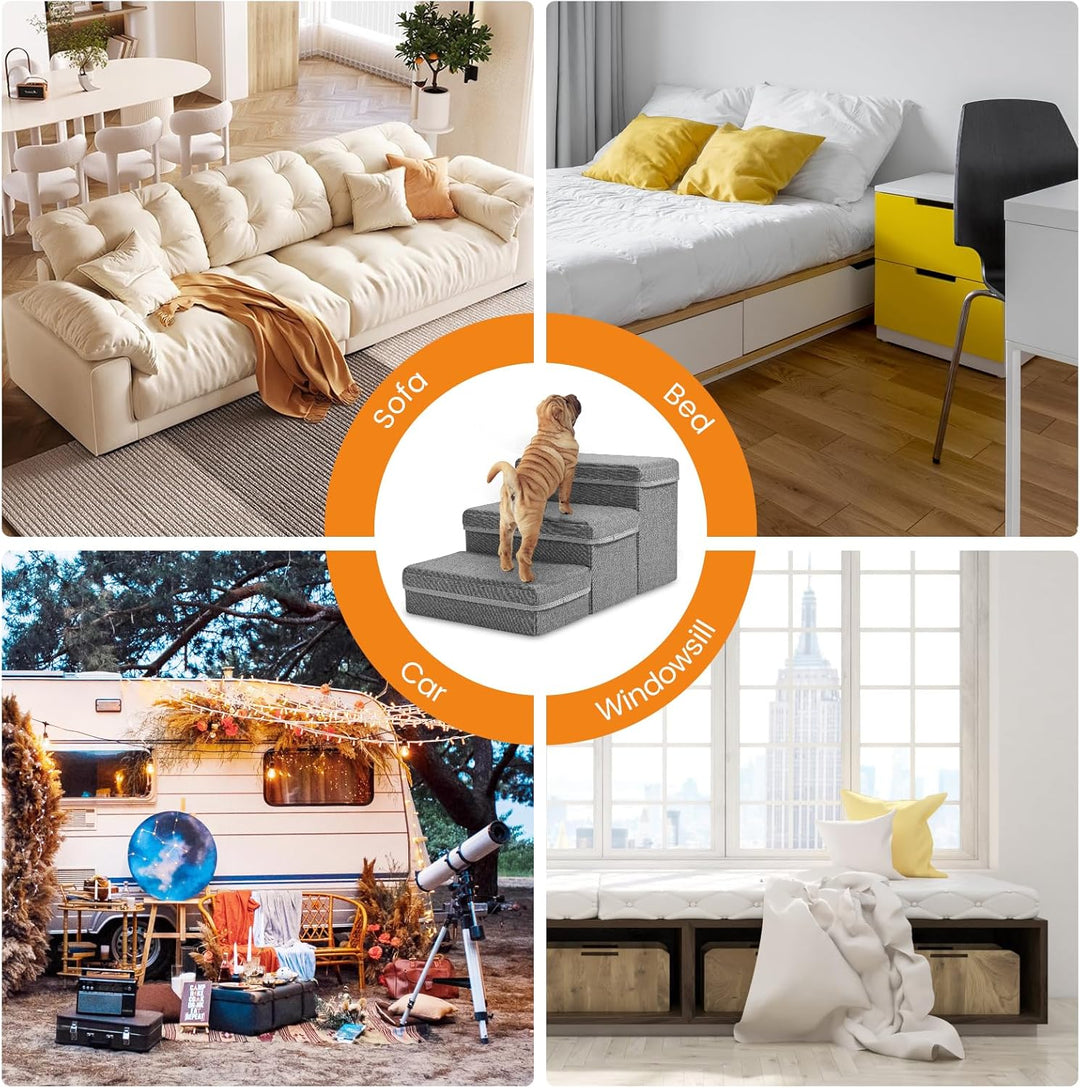 Hundetreppe, Sunowl 3 Stufige Faltbare Haustiertreppe, Extra Breite Hundetreppe Sofa Bett mit Staura
