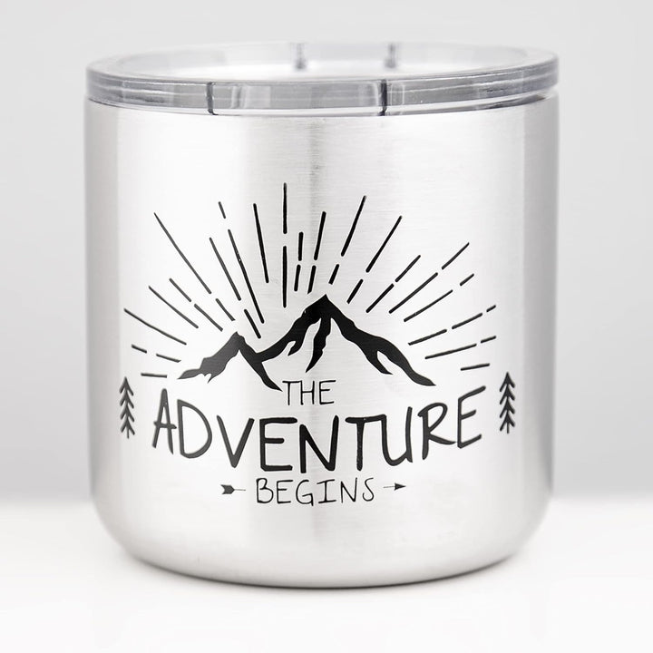 MUGSY Edelstahltasse, The Adventure Begins, To-Go Becher, abnehmbarer Deckel, bruchfest, 330ml, silb