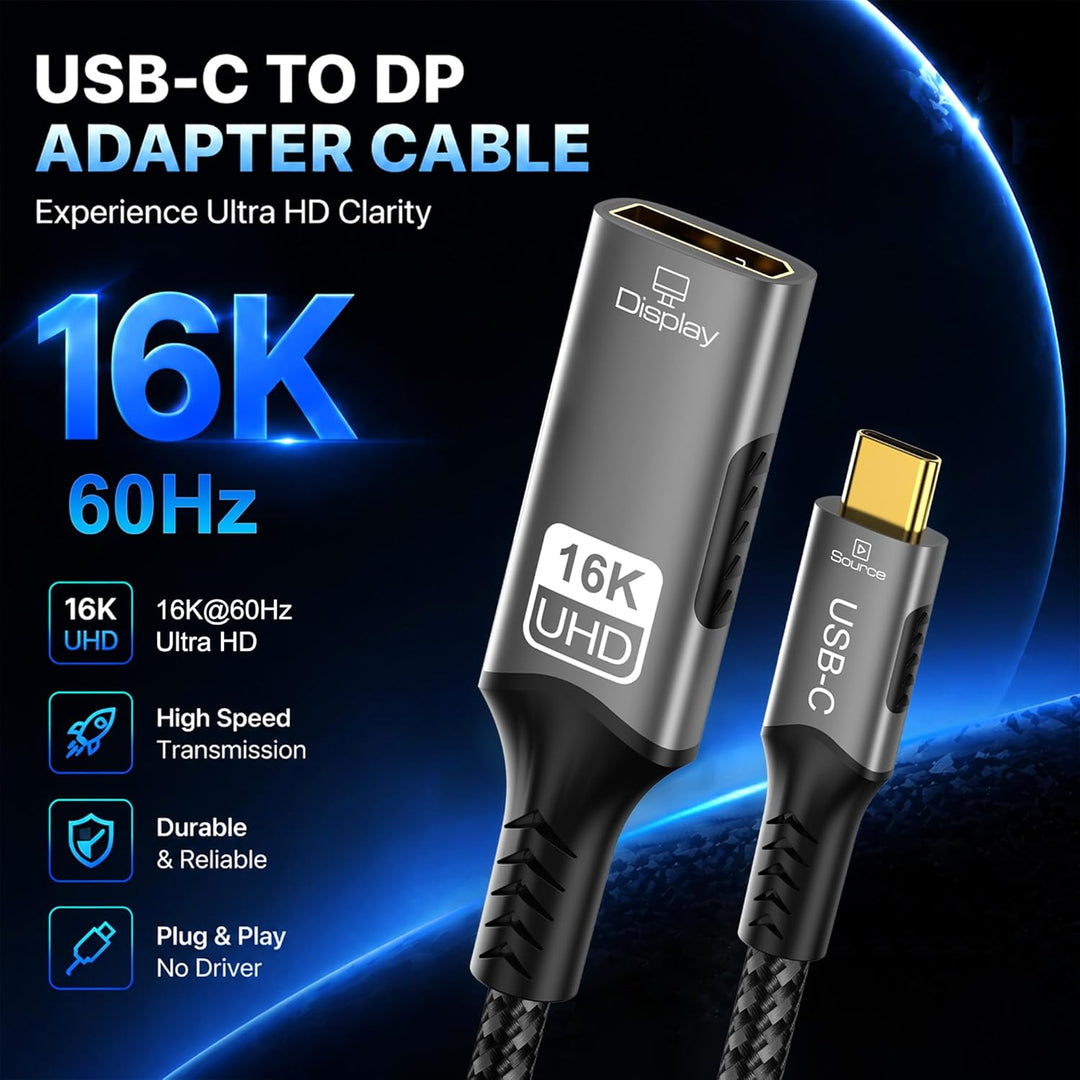 USB C auf DisplayPort 2.1 Adapterkabel, 16K @ 60Hz, 8K @ 120Hz, 48-Bit Farbtiefe 80 Gbit/s, Thunderb