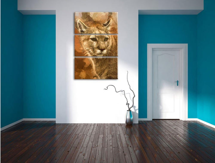 Pixxprint schöner Berglöwe Kunst Pinsel Effekt 3-Teiler Leinwandbild 120x80 Bild auf Leinwand