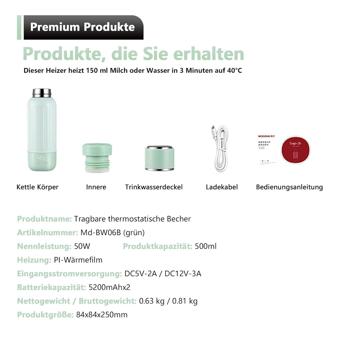 Tragbarer Flaschenwärmer Baby Unterwegs, Akku Thermoskanne 500ml, 37-55 °C Einstellbar, Mobiler Milc