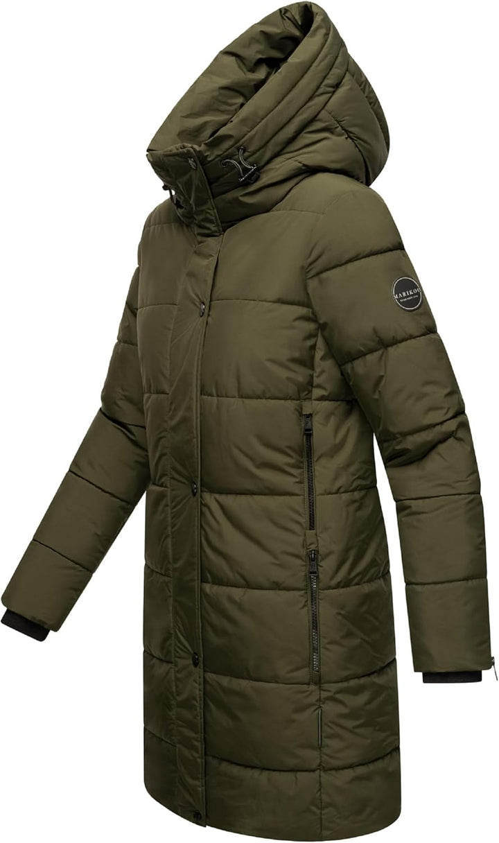 MARIKOO Damen Wintermantel Warmer Steppmantel lang mit Kapuze Karumikoo XVI XS-3XL M Dark Olive, M D