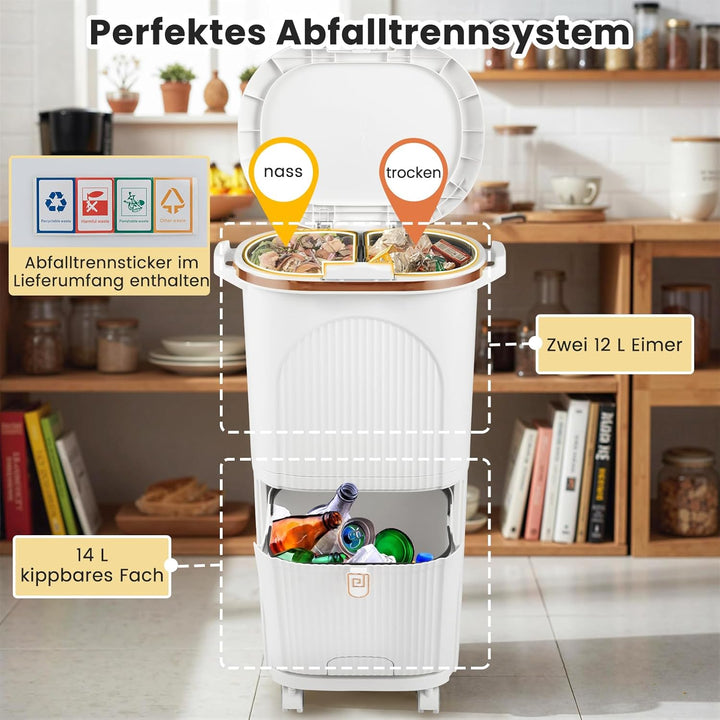 COSTWAY Mülleimer Küche, Mülltrennsystem 3 Fächer, 2 x 12L Inneneimer & 14L Treteimer, Abfalleimer m