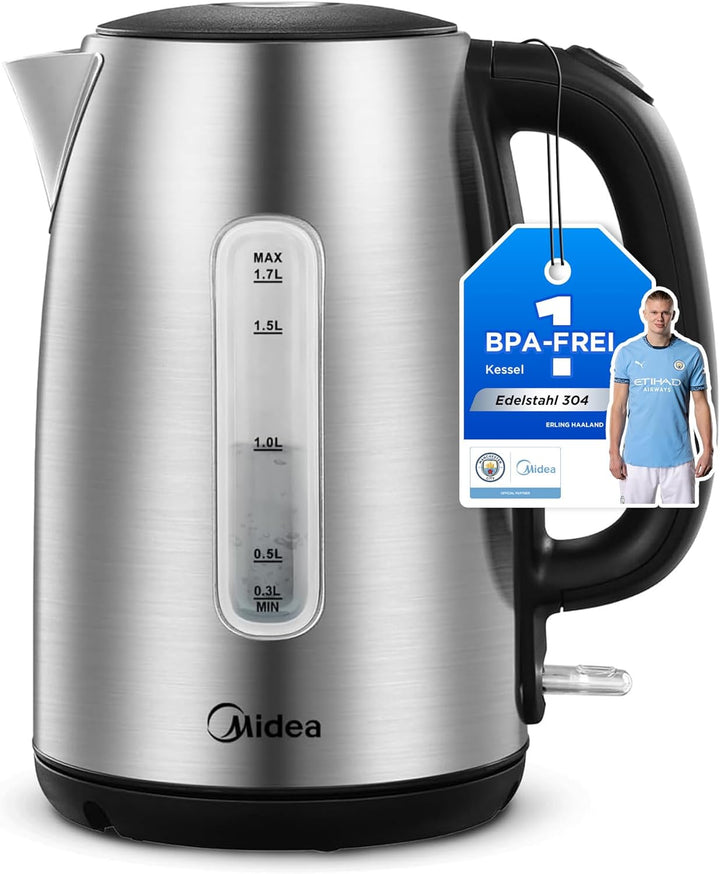 Midea Wasserkocher Edelstahl 1.7L, BPA-freier Wasserkocher, 2200W Schnellkochfunktion, Kettle mit Wa
