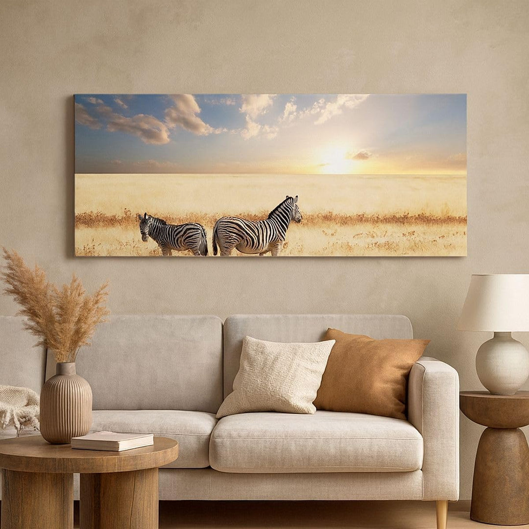 Panorama Bilder auf Leinwand 100x40cm Leinwandbild Zebra tier gestreift savanne Gross Wanddeko Bild