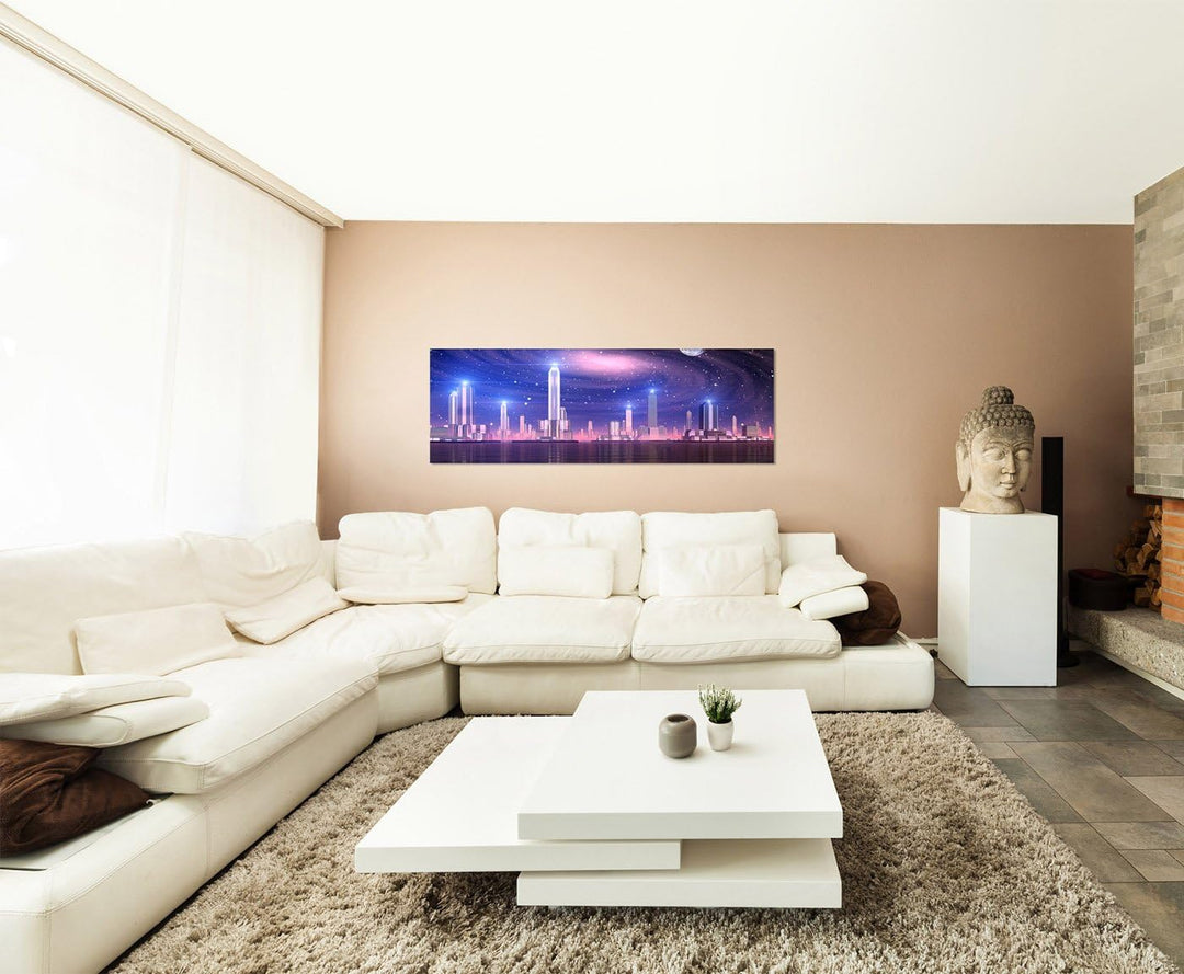 Paul Sinus Art Panoramabild auf Leinwand und Keilrahmen 120x40cm Stadt Skyline Nacht Sterne futurist