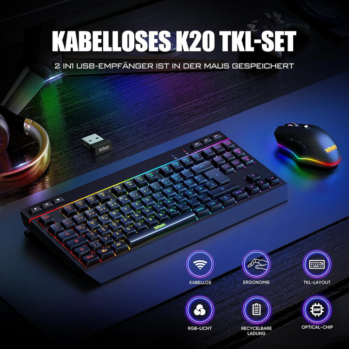 RedThunder 75% Kabelloses Tastatur und Maus Set, QWERTZ 94 Tasten TKL Layout, RGB, Wiederaufladbar F