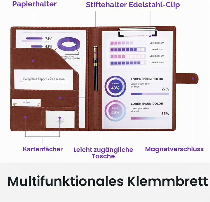 A4 Schreibmappe Klemmbrett, Klemmbrettmappe A4 mit Deckel, Dokumentenfächern, Stiftehalter, und Magn