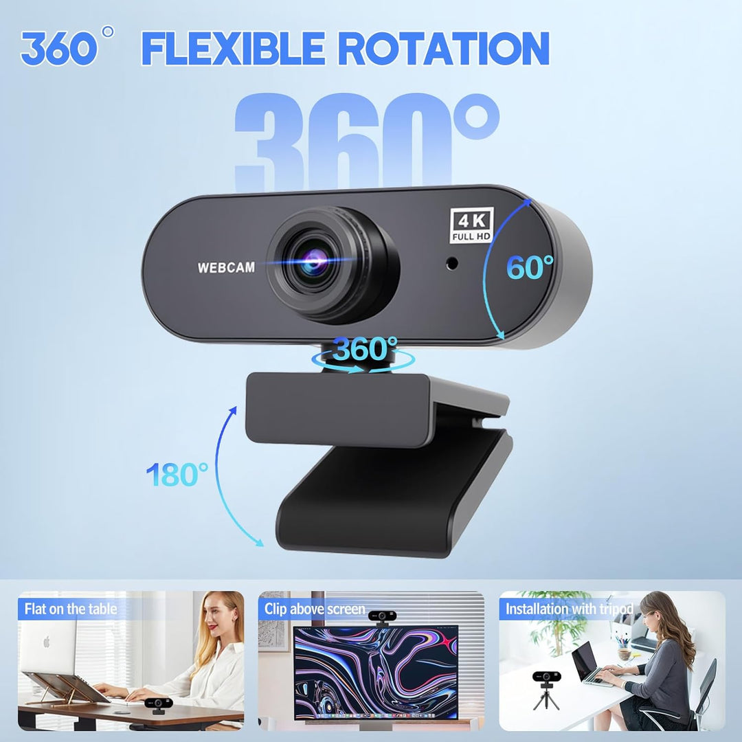 Webcam 4K, Webcam Full HD 30fps, 80° Weitwinkel mit Mikrofon mit Rauschunterdrückung, Belichtungskor