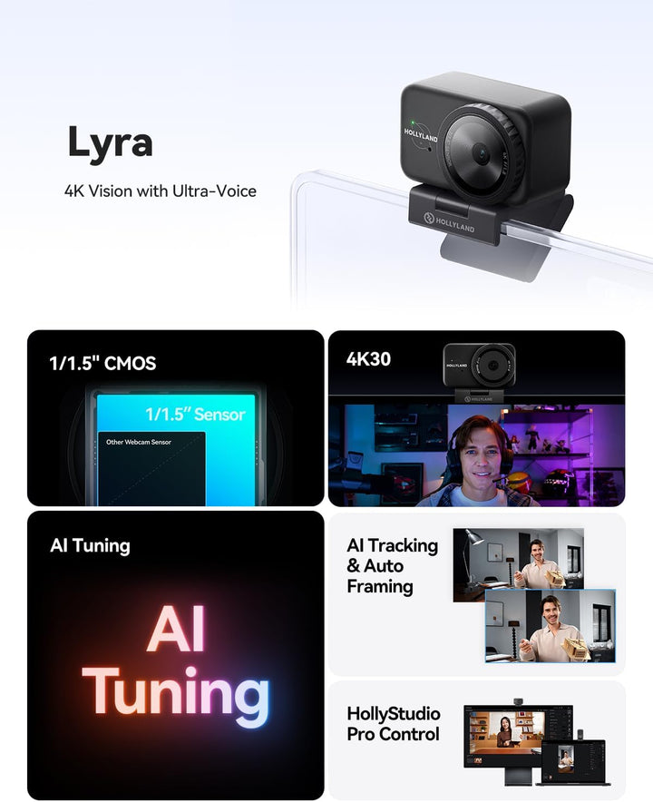 Hollyland Lyra Webcam: UHD 4K Webcam für PC &amp; Mac, 1/1.5" Sensor, Autoframing, PDAF, HDR - Ideal für