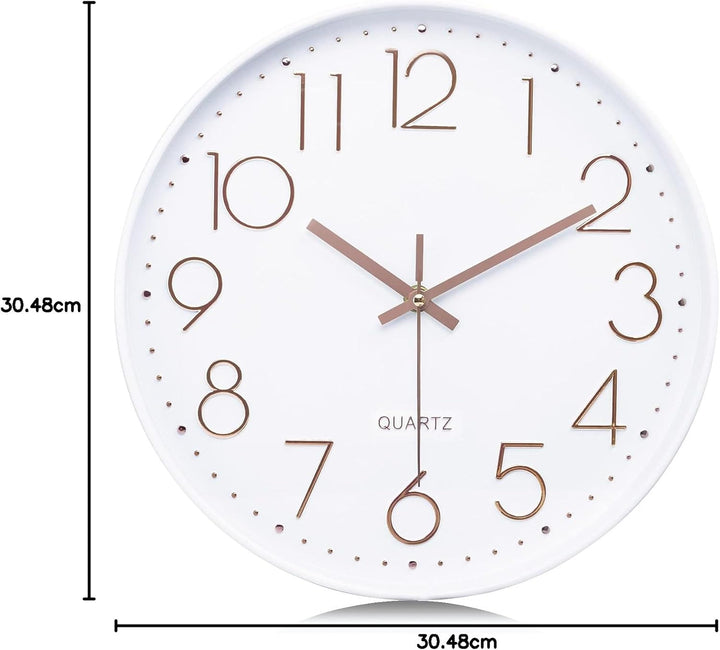 Lafocuse Weiss Modern Wanduhr Lautlos 30cm, 3D Ziffern Rosegold Ohne Tickgeräusche, Quartz Wanduhr A